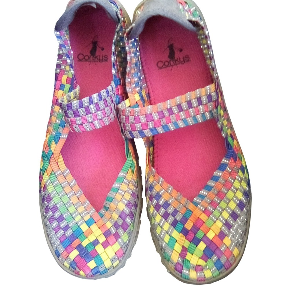 Corkys Rainbow Woven Mary Jane Flats Multi Color Elastic Stretch Walking Shoes 7